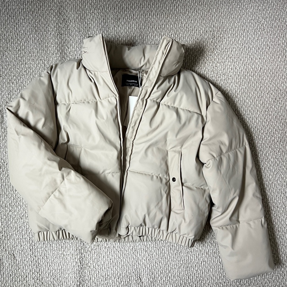 Faux Leather Taupe NWT Cropped Puffer Jacket Sz L Pull&Bear